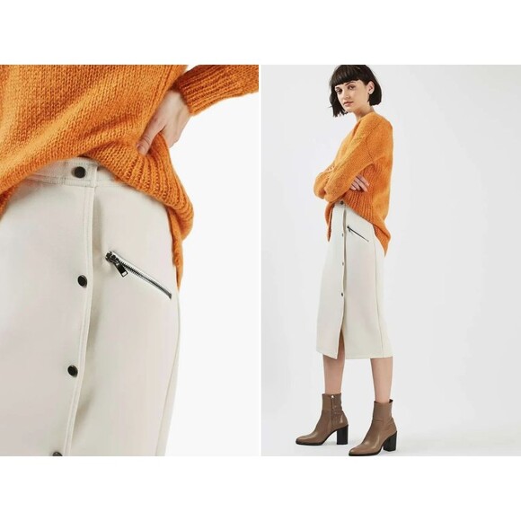 TOPSHOP Snap & Zip Midi Sz 6 Cream Moto Skirt Work Career Luxury Designer Slit - Picture 3 of 10